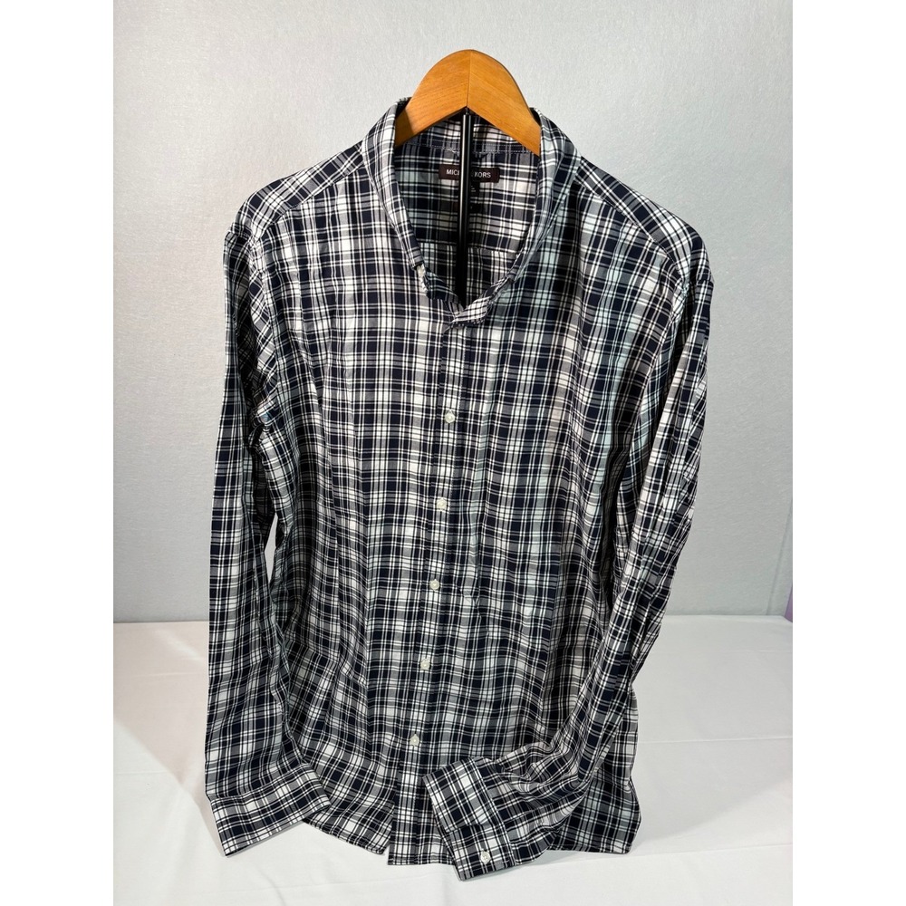 Michael Kors Mens XXL Slim Fit Plaid Button Down Shirt Navy Blue White Check